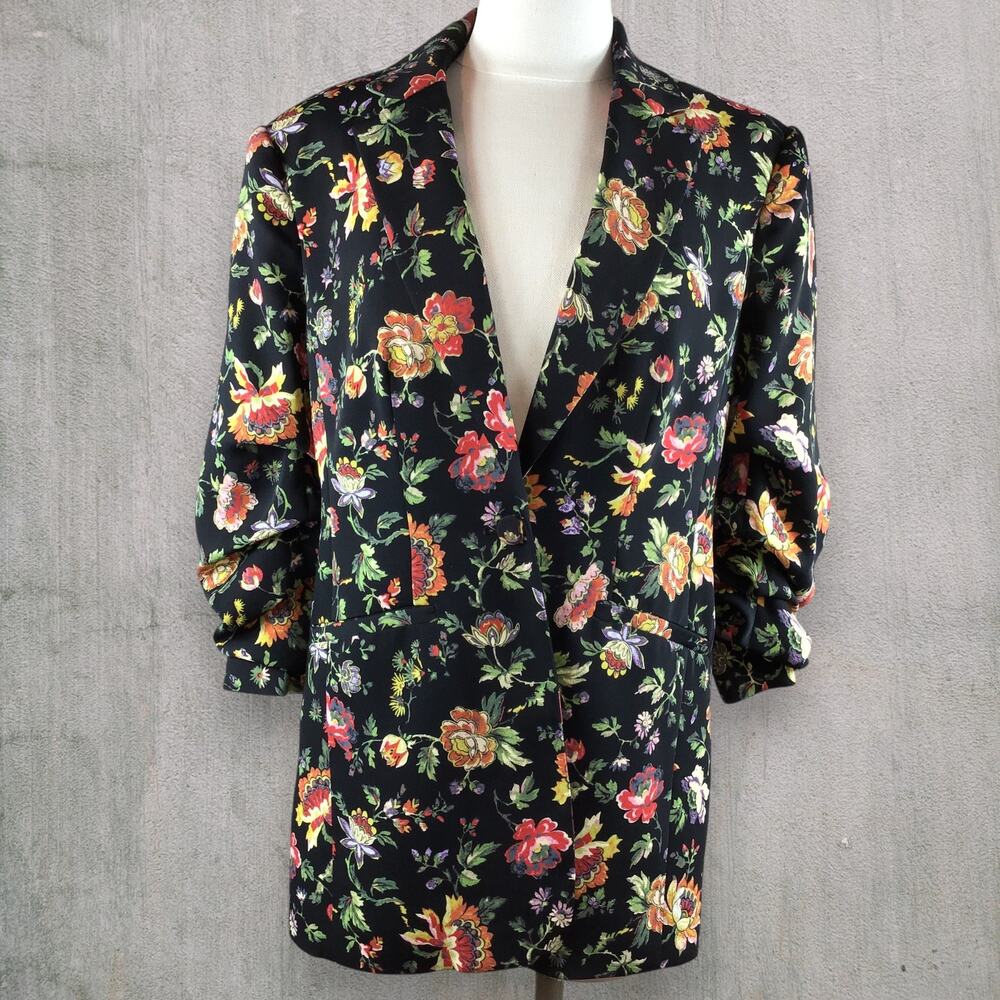 Cinq a Sept Kylie Floral Blazer Size 0 Ruched 3/4 Sleeve Single Button Crepe
